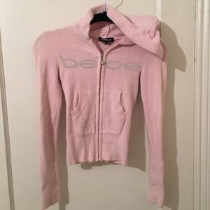 Bebe Pink Hooded Long Sleeve Zip Up Sweater